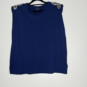 NEW Express Embellished Sequin Padded Shoulder Crew Neck Tee Women's Size XL